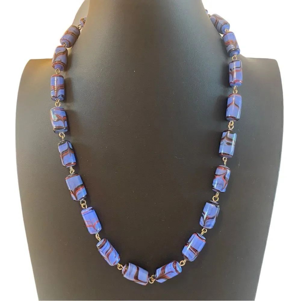 Vintage Ceramic Beaded Blue & Red Cylinder Necklace w/Screw Clasp.